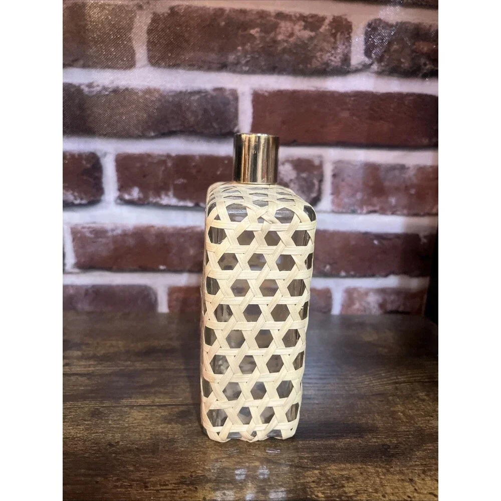 Vintage Wicker Wrapped Square Whiskey (?) Bottle With Metal Cap; has cork inside